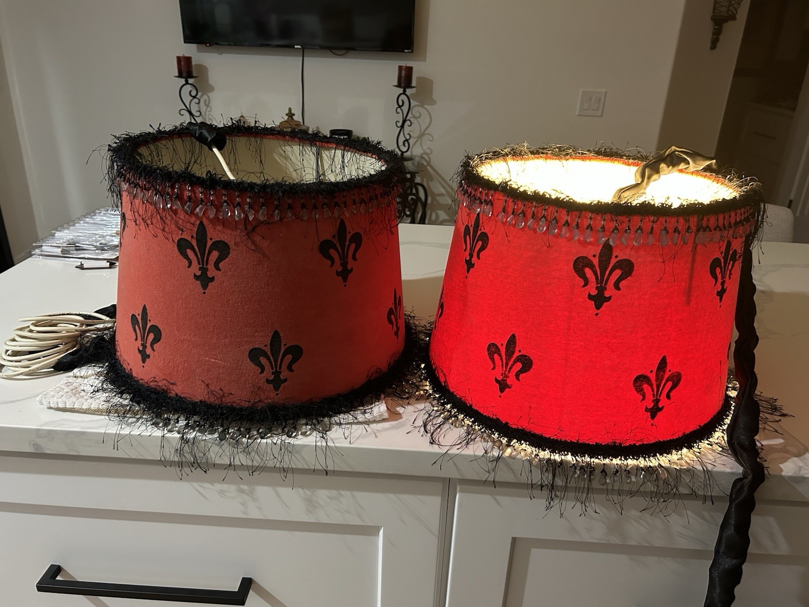 2 Beautiful Red & Black Velvet Swag Hanging Light Fixtures