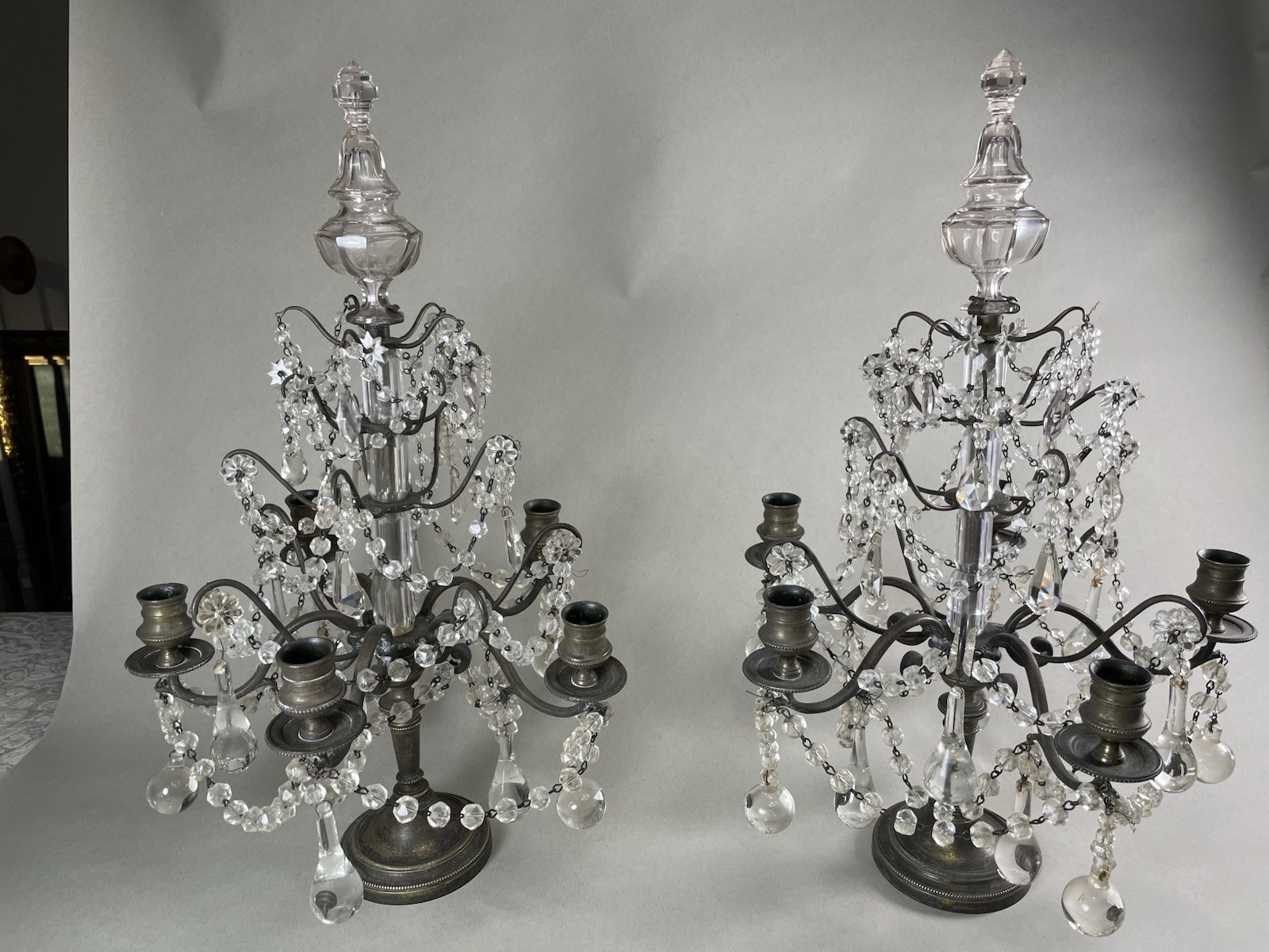 VTG PAIR OF GIRANDOLES CANDELABRAS LUSTERS With TEARDROP PRISMS