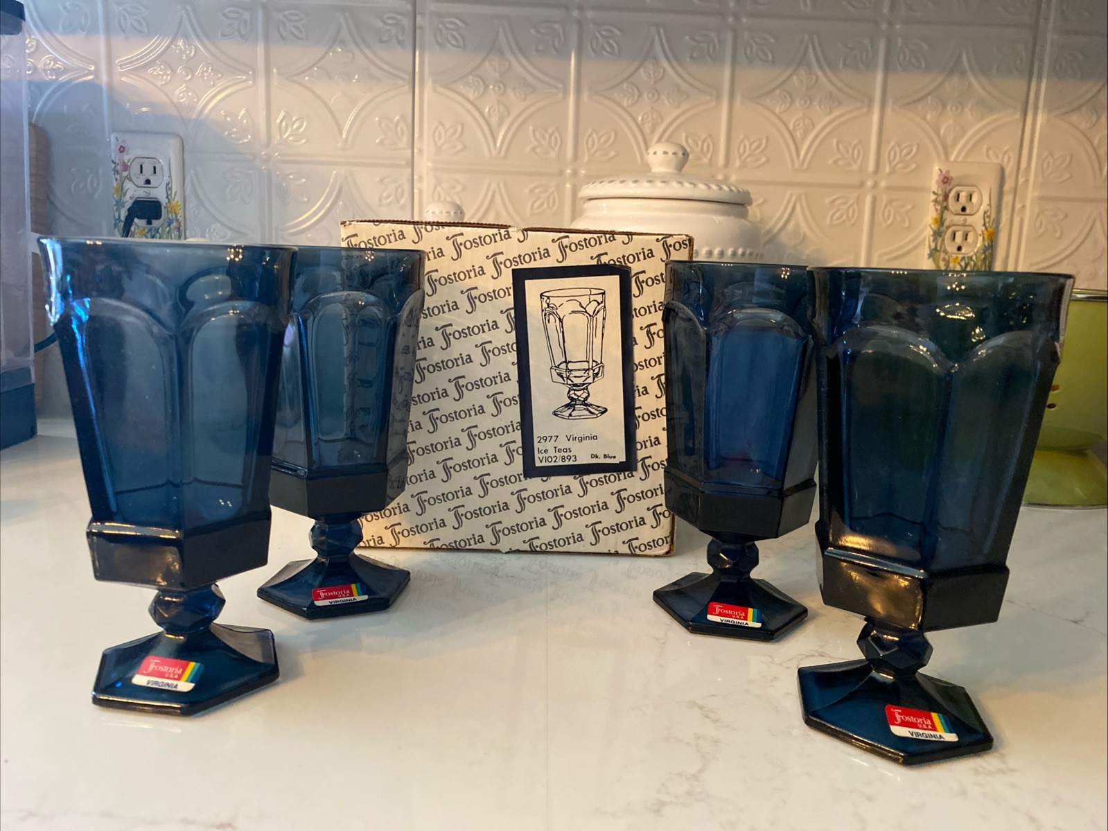 Fostoria “Virginia Dark Blue” 6 7/8 Inch Iced Tea Goblets *Set Of 4 New