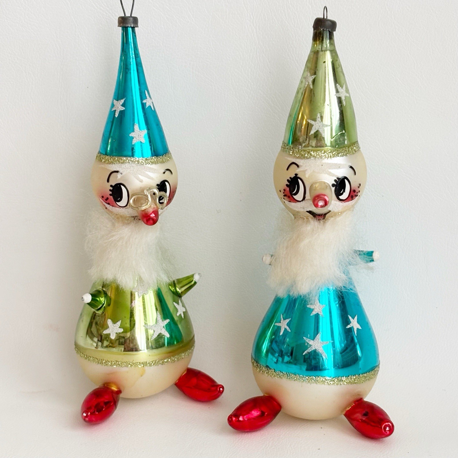 2 VTG De Carlini Italy Santa Wizard Blown Glass Christmas Ornaments 1960s 6.25”