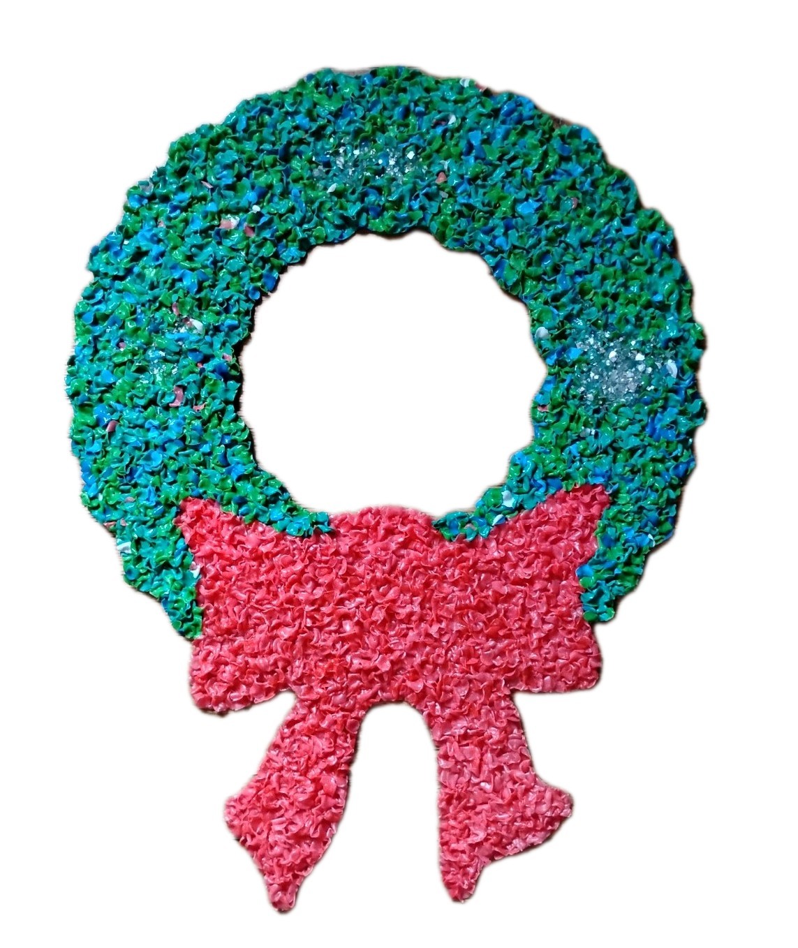 Vintage Melted Plastic Popcorn Wreath Bow Holiday Window Green Multi Color 19″