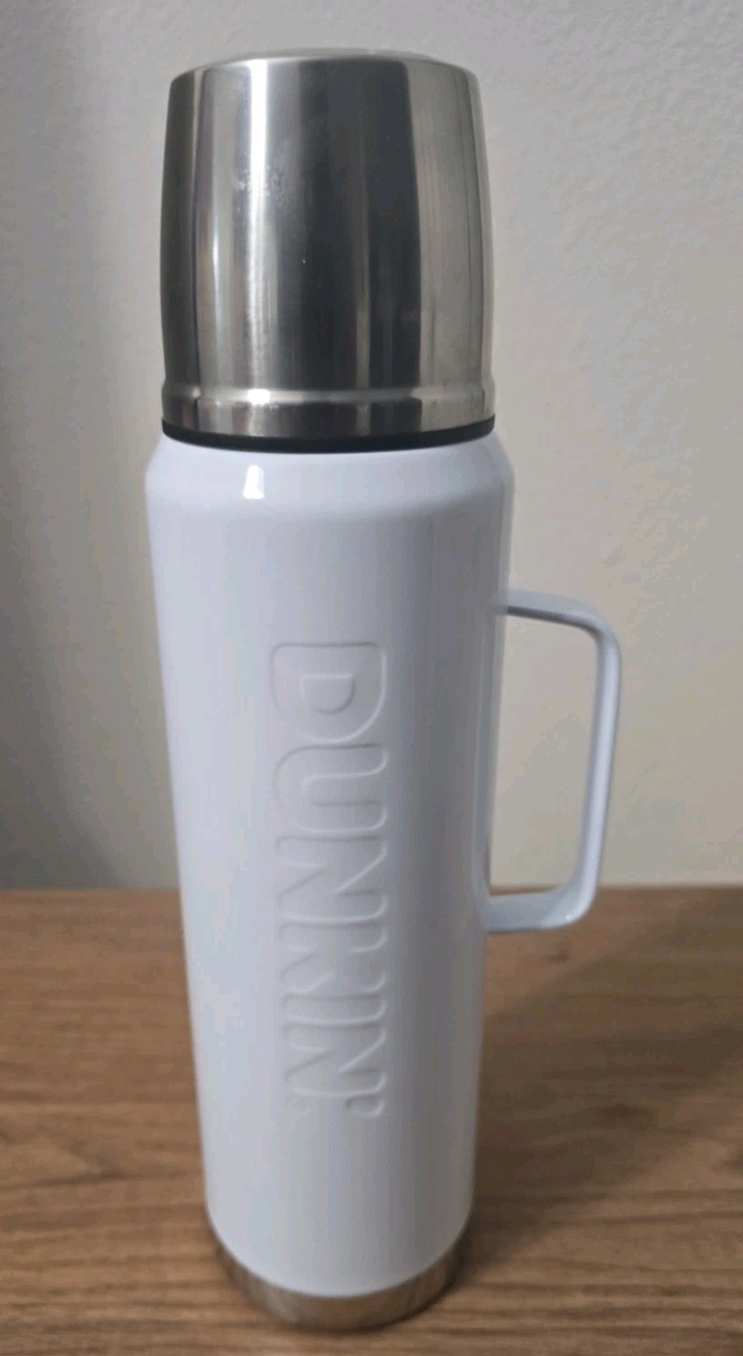 DUNKIN LARGE WHITE 34oz THERMOS 914394 STAINLESS STEEL 2023 WITH HANDLE
