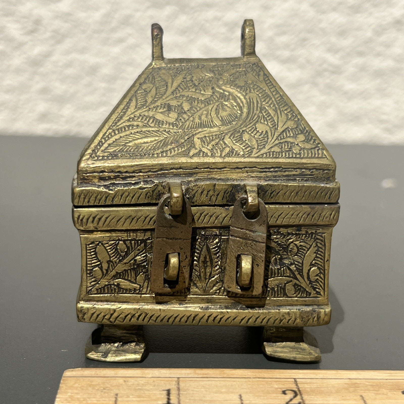 Antique Indian Brass Paan Daan Box Casket Peacock Betel Nut Box Odisha 2.5 x 2in