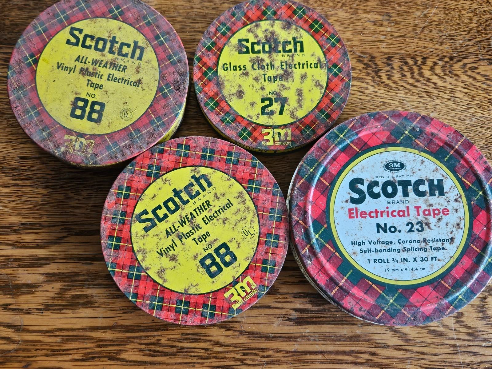 Vintage Scotch Brand 3M Electrical Tape in Plaid Tins 4 pcs 1950’s #23, #88, #27