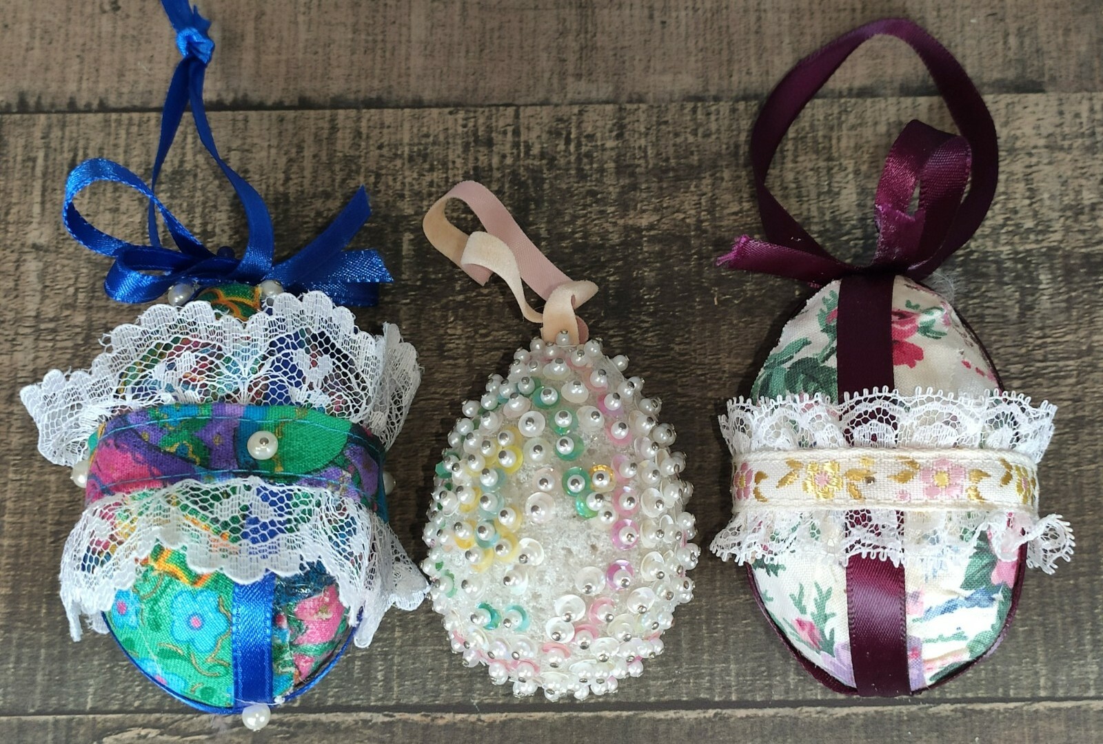 3 Handmade Easter Christmas Ornaments Fabric And Pin 2½”-3¼” Tall