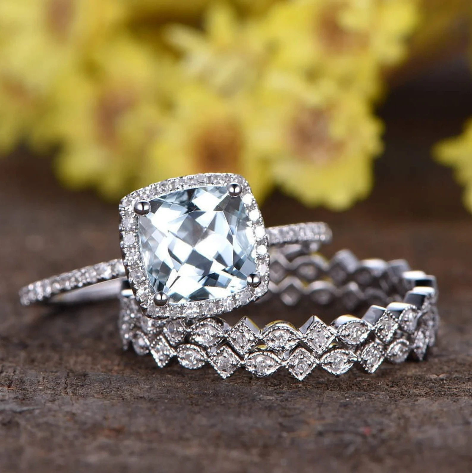 Aquamarine & Diamond Engagement 3 Piece Bridal Rings Set in 14K White Gold Over