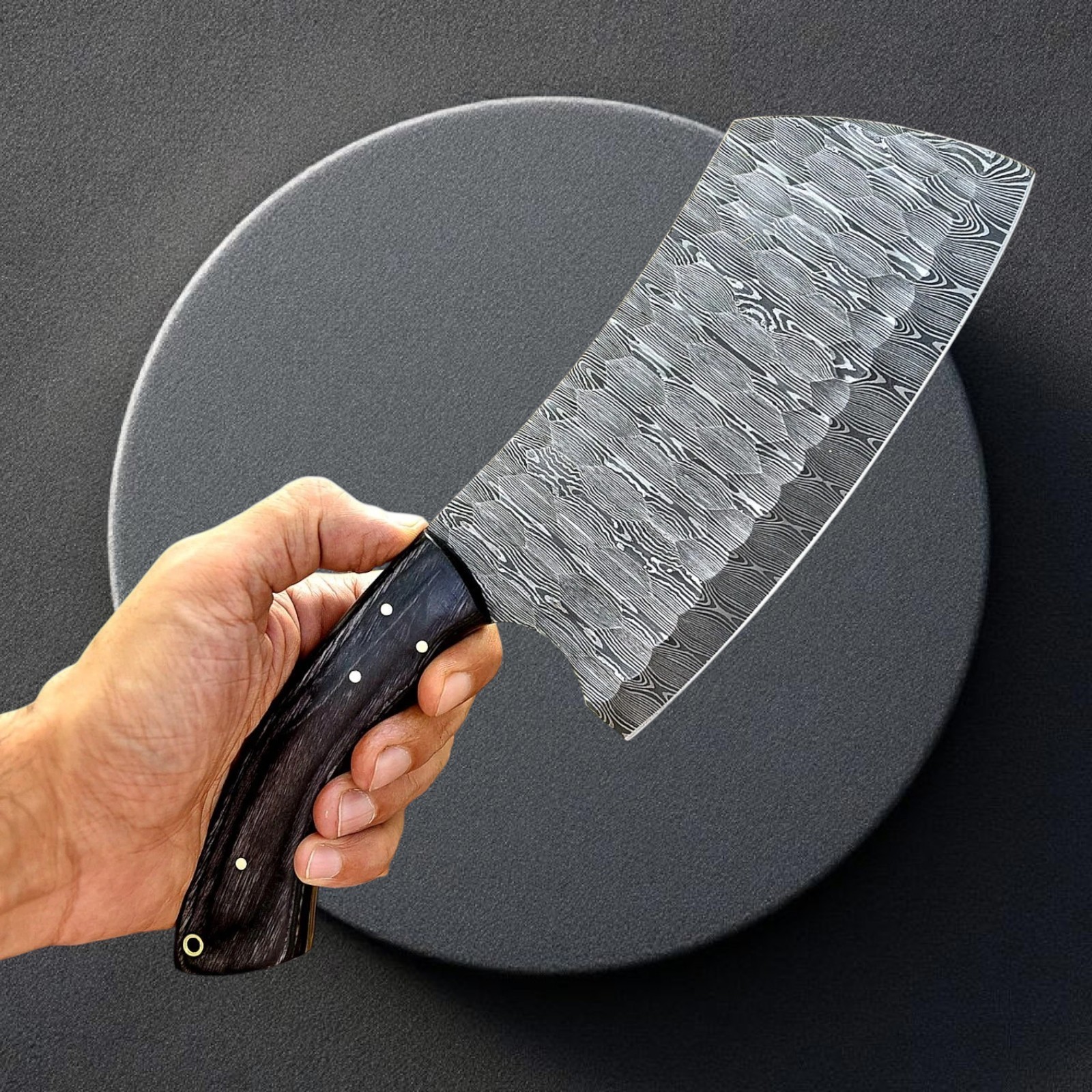 Custom Hand Forged Damascus Cleaver Bold Raindrop Gray Pakkawood Meat Chopper