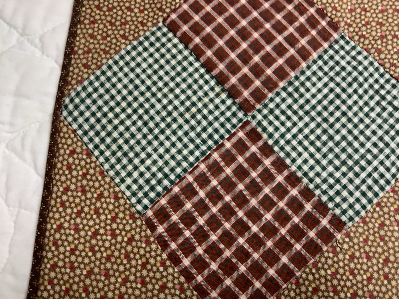 Antique Patchwork Quilt Table Topper, Four Patch, Early Calicos, Brown, Green