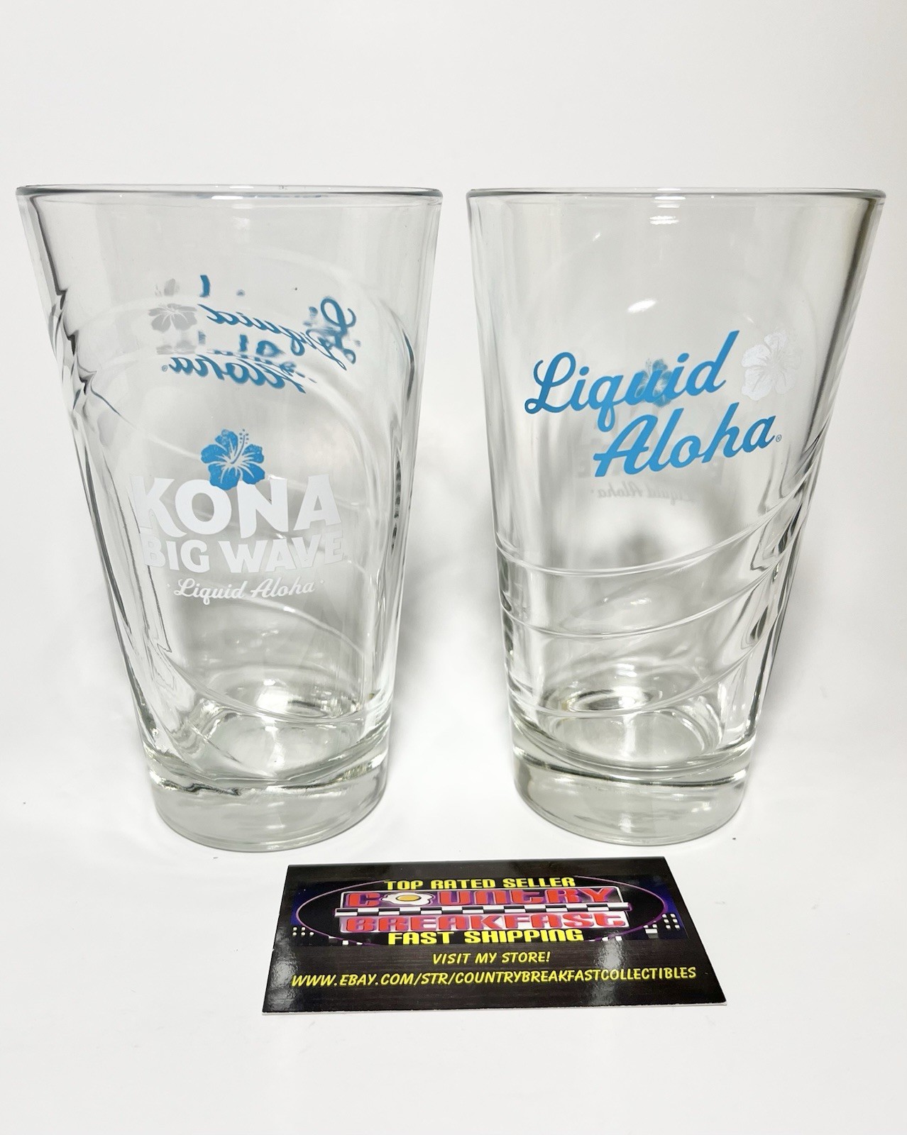 Kona Big Wave Liquid Aloha Ale 16 Oz Embossed Pint Beer Glasses Set Of Two New!
