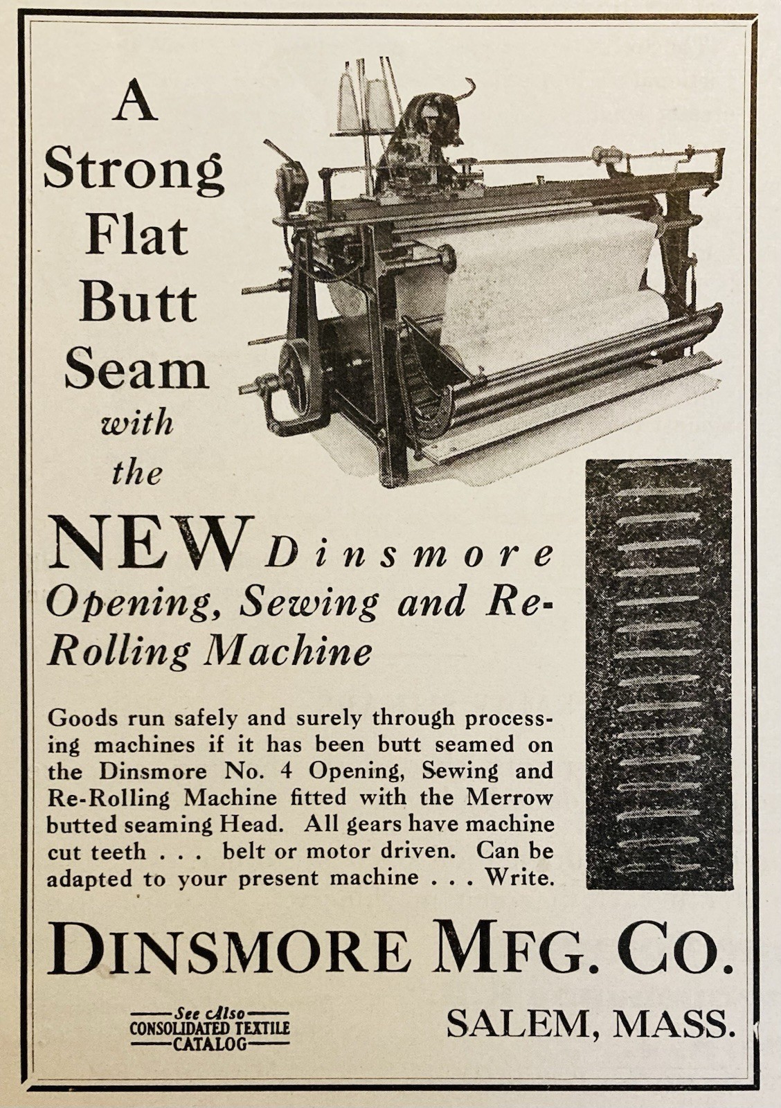 1931 AD.(N31)~DINSMORE MFG. CO. SALEM, MA. DINSMORE SEWING OPENING MACHINE