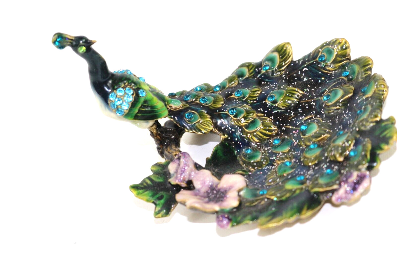 Vintage Peacock Enameled Brass Blue Rhinestones Trinket Dish Tray New with tag