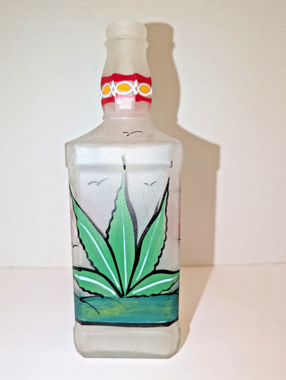 Mexican Bottle Jack Daniel Hand Painted Frosted Glass Sombrero Agave Cactus