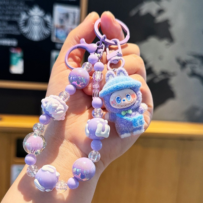 Cute Figure Doll Keychain with String of Beads Stand with Hat Bag Pendant Gifts