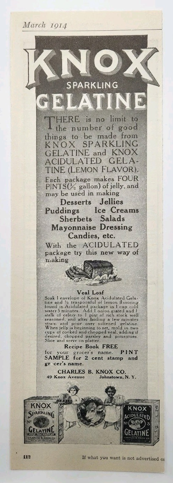 1914 Knox Sparkling Gelatin Desserts Original Print Ad 1910’s Johnstown NY
