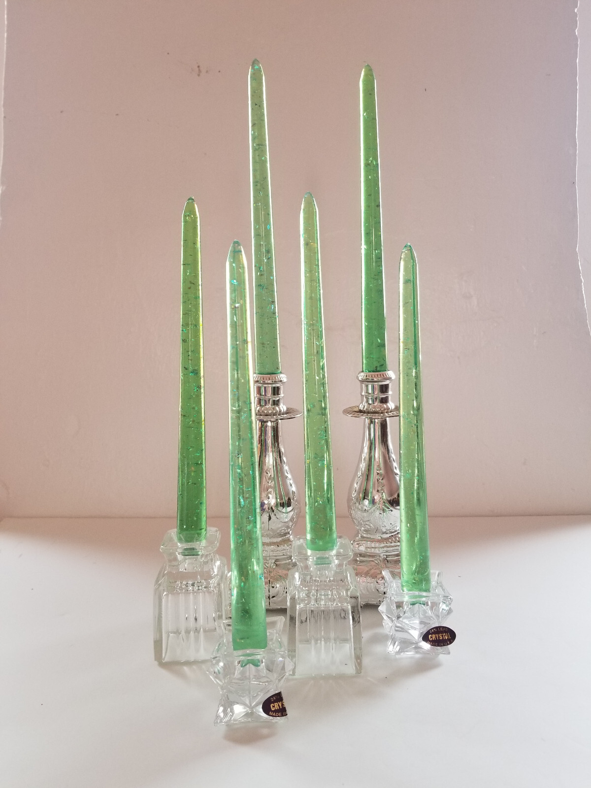 Sheer “Lucite” Candlesticks Flakes 10 inch 6 inch Pair Handmade ASSORTED COLORS