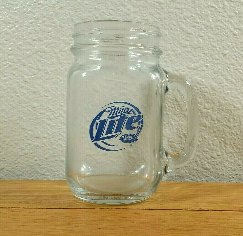 MILLER LITE Beer Logo Barware Mason Jar Style 5″ Inch Tall Glass Cup BEER MUG