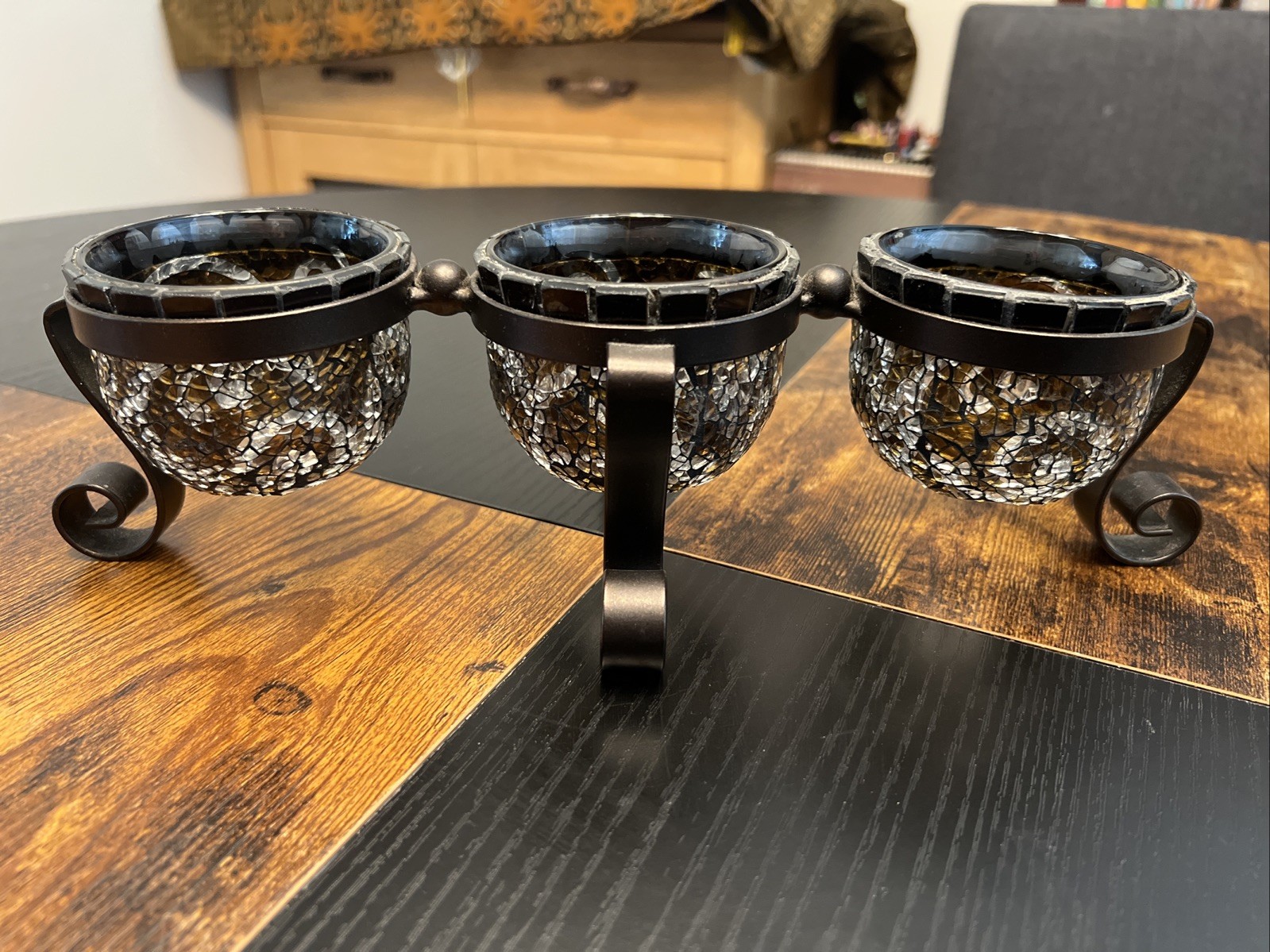 Partylite Mosaic Trio Candle Holder With Metal Stand, Food Grade Glass!