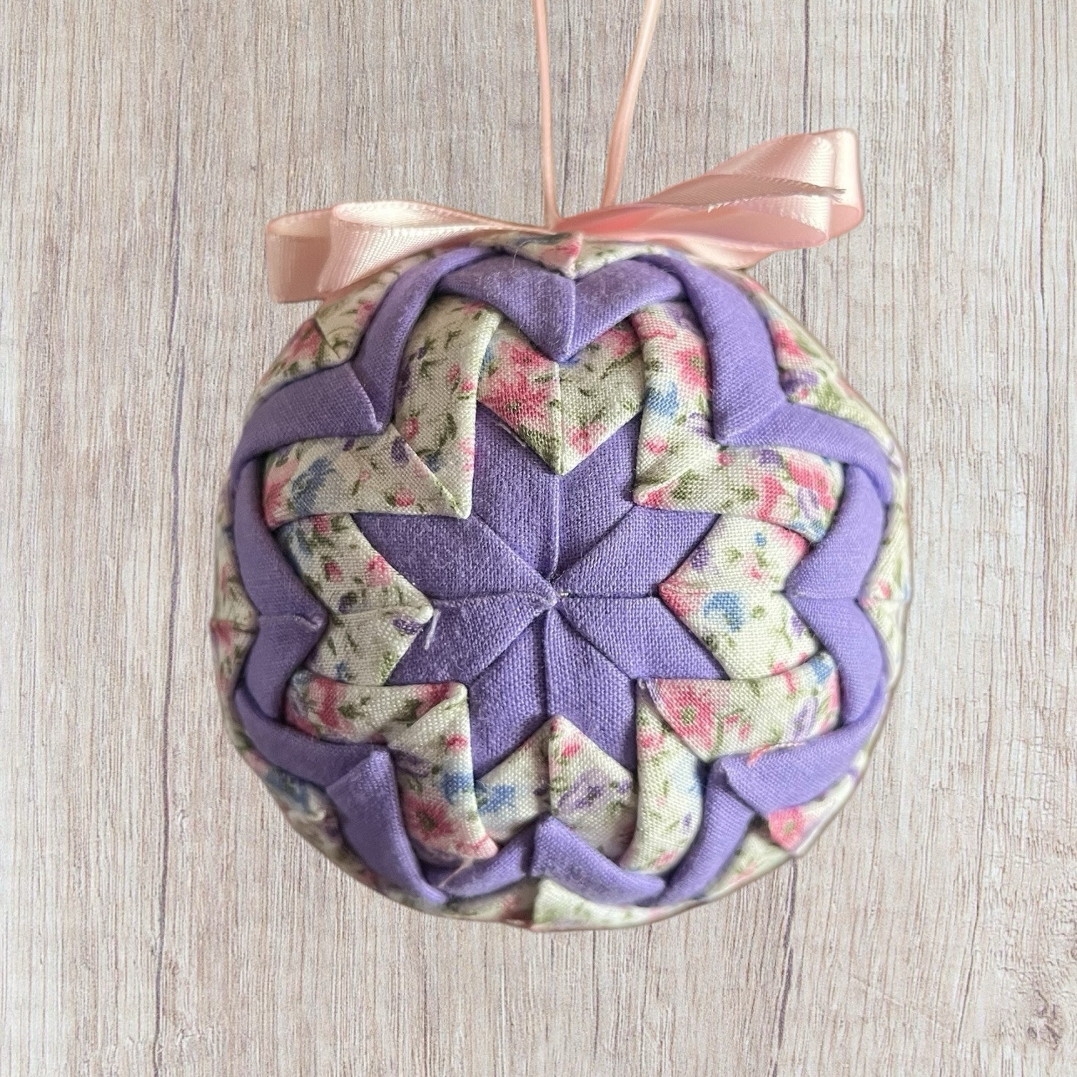 Handmade Quilted Ornament Floral Folded Star 3″ Purple Floral Fabric Cottage