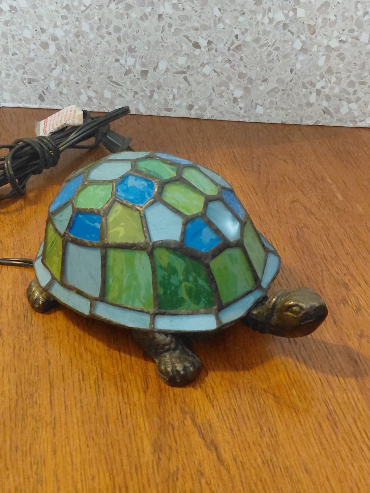 Tiffany-Style Turtle Table Lamp Blue Green Stain Glass Shade ,Bronze Tone Base