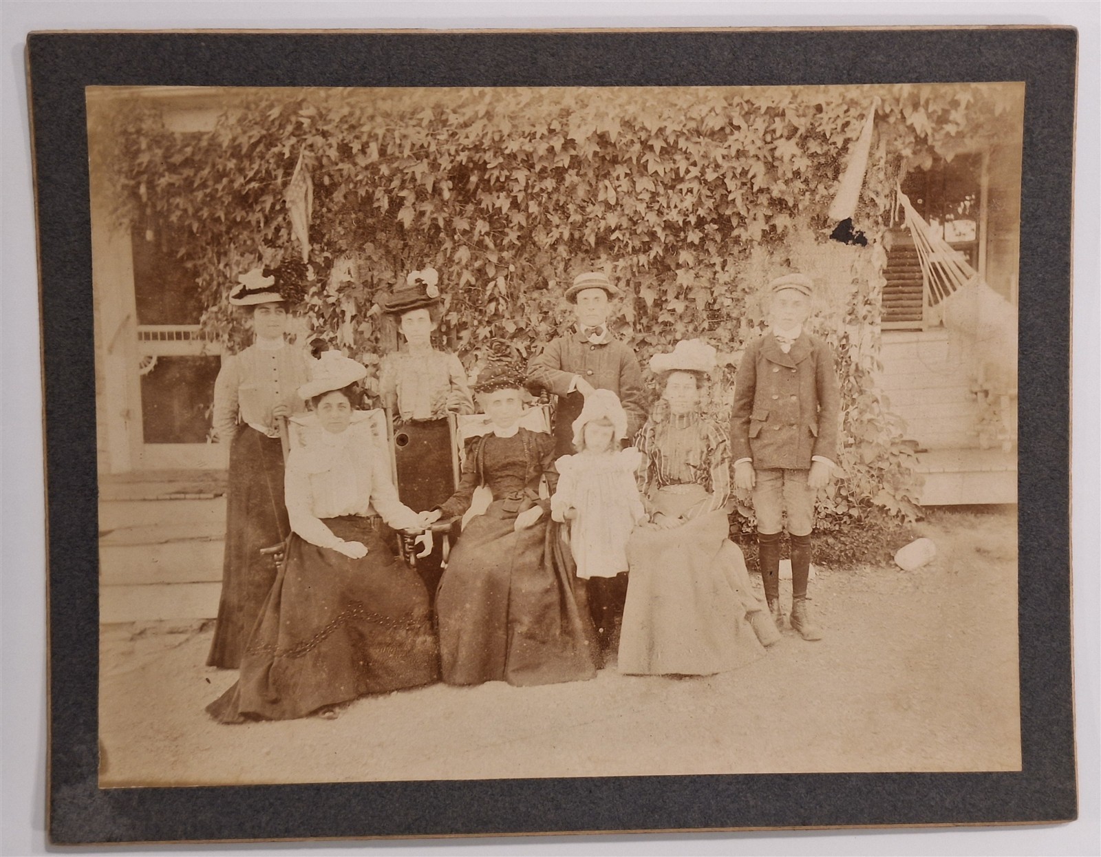 Antique Family Group Photo Ivy Covered Porch Women, Men, Children c1900s