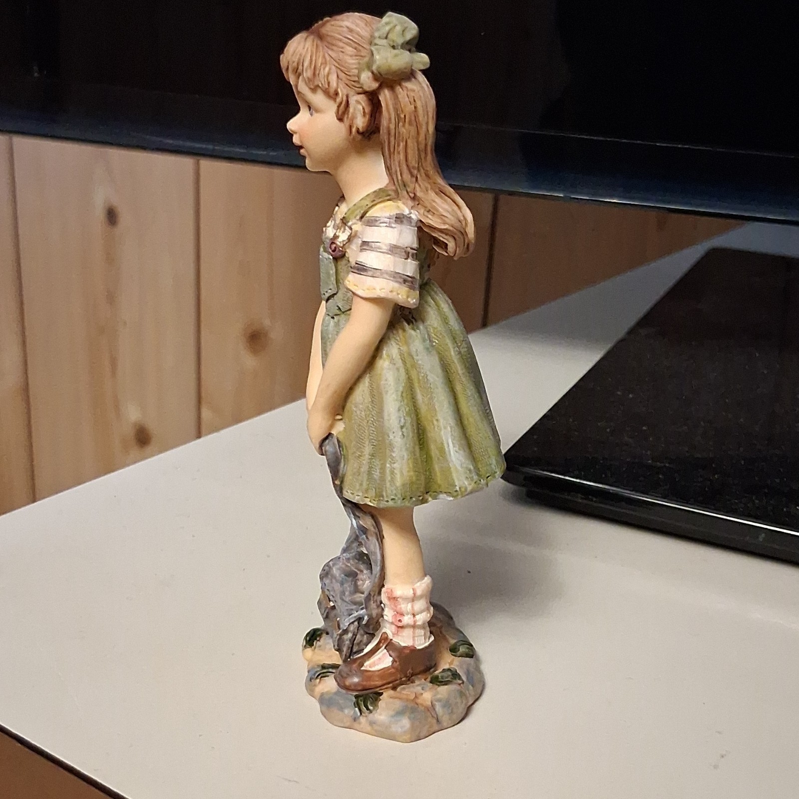 Hand Painted Girl Figurine Green Dress Resin Traditional Matte Sculpture