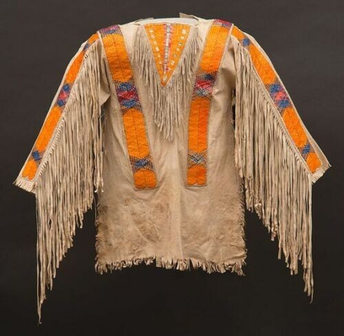 Old Style Beige Buckskin Suede Hide Fringes Beaded Powwow War Shirt NHS12