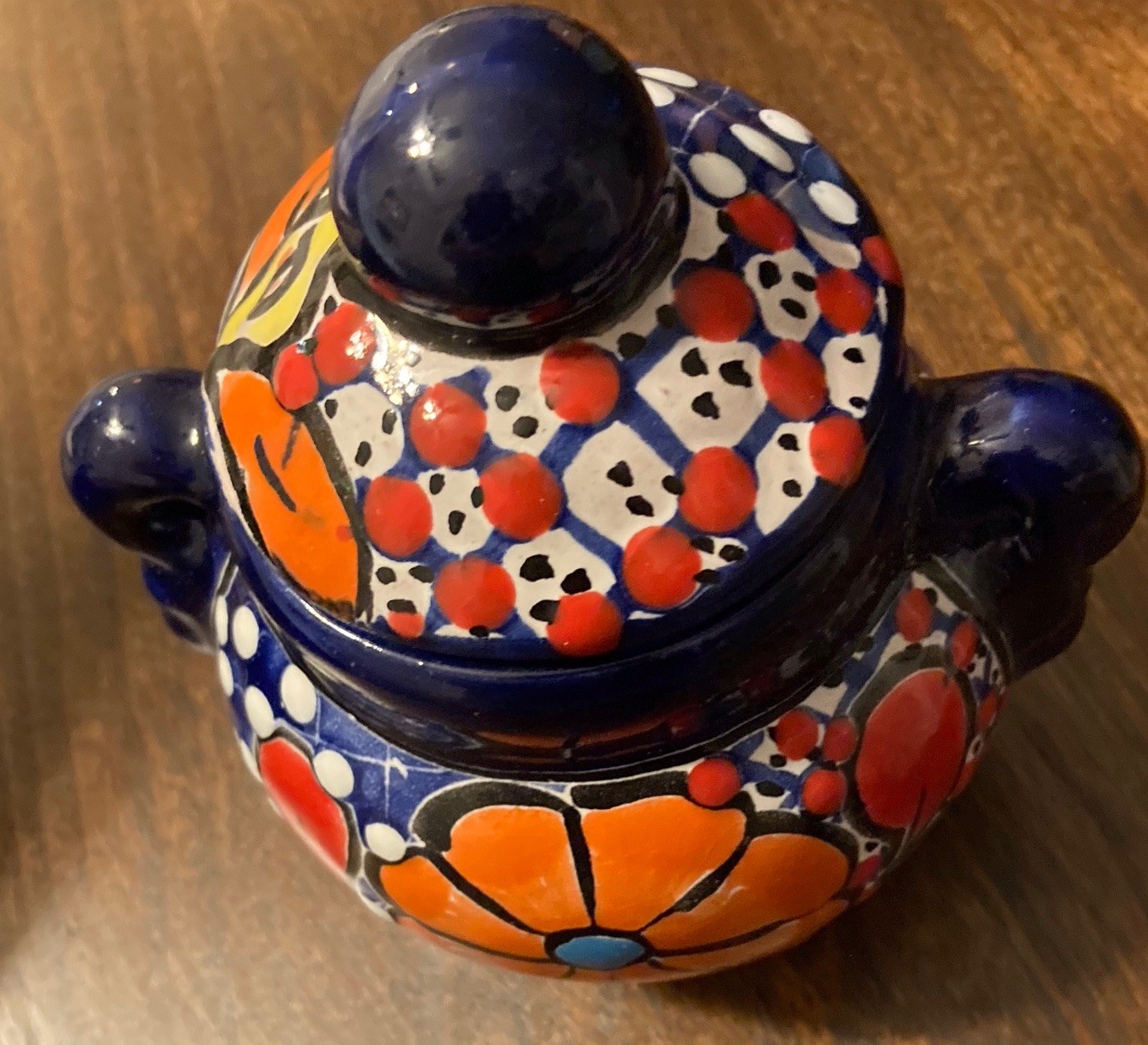 Mexican Talavera Pottery Jar with Lid, Hand Painted, 5 inches tall