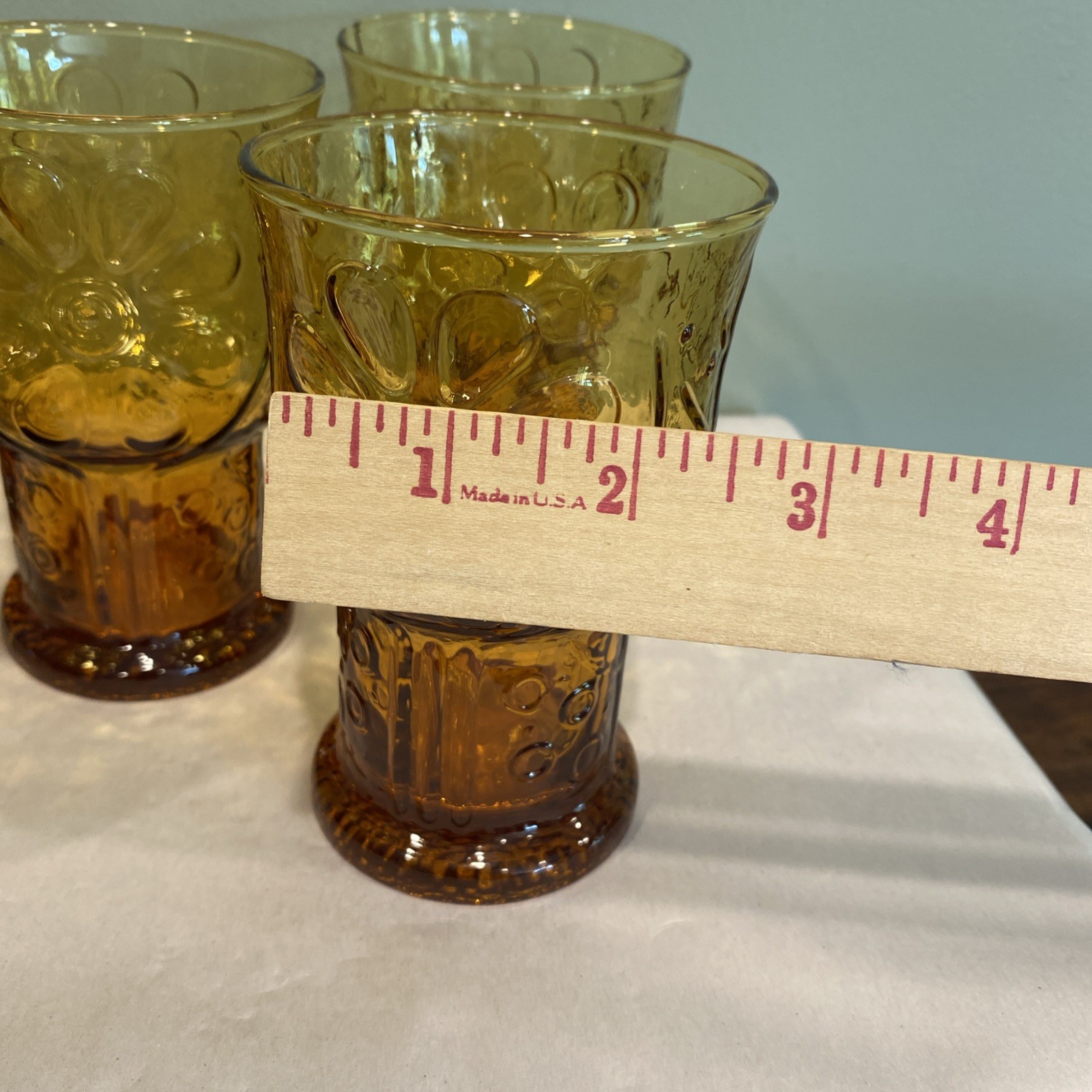 Vintage Libbey Daisy Pattern 5” Amber Drinking Glass ‘Country Garden’ Set of 5