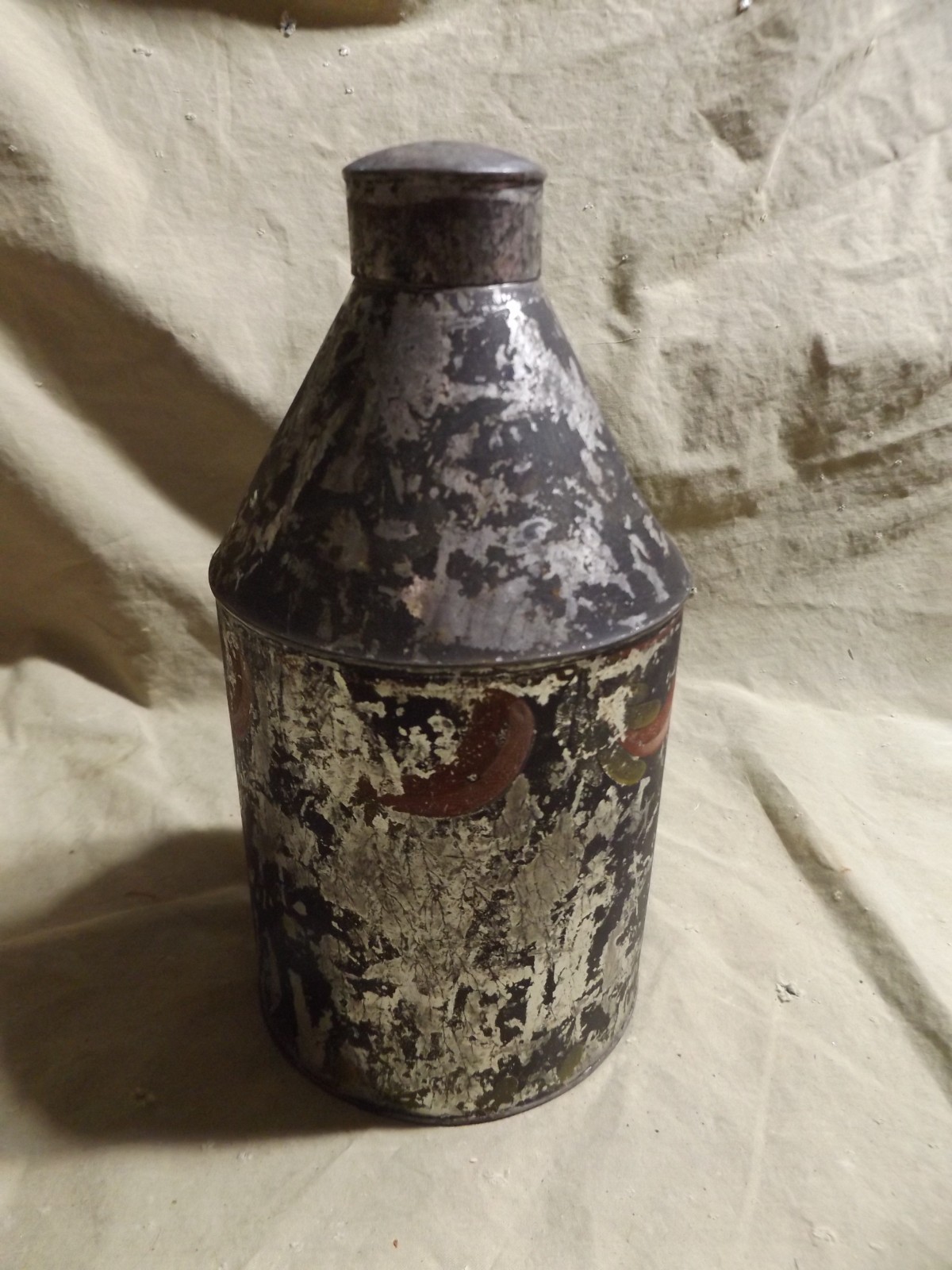 Antqiue 19th C Tin Tea Caddy Paint Remnants New England Form Distressed 8″
