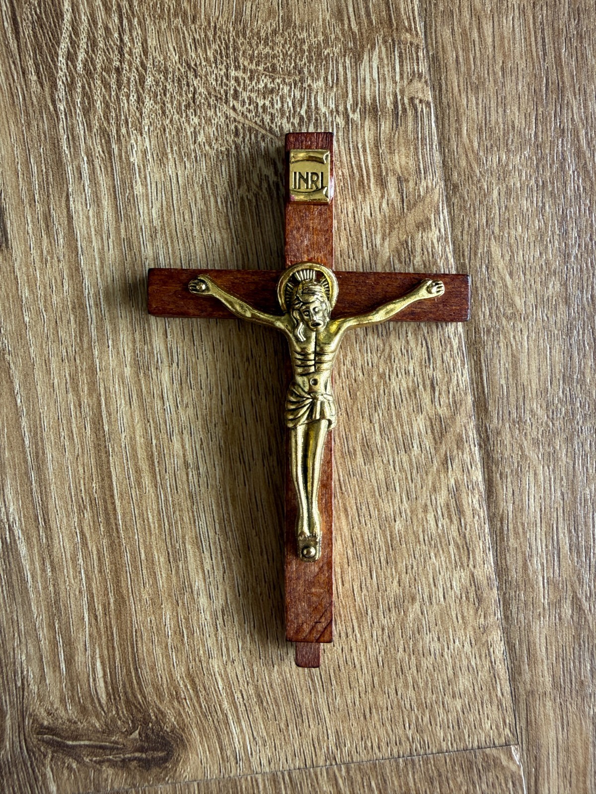 Vintage INRI Small Crucifix Jesus (Plastic) on Wooden Cross Excellent Condition