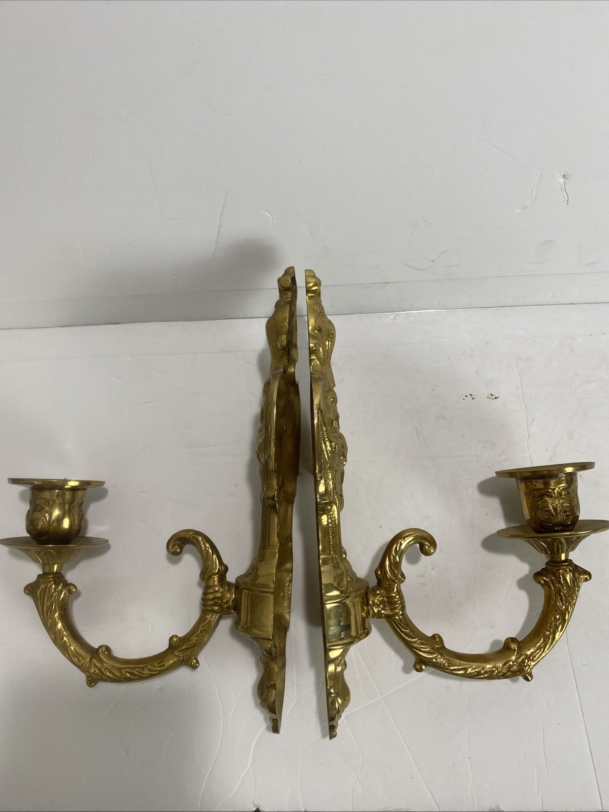 Pair Solid Brass Victorian Wall Sconces Candle Holders Ornate Vintage