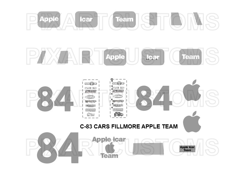 C-83 FOR DISNEY PIXAR CARS CUSTOM FILLMORE APPLE TEAM DECAL SET