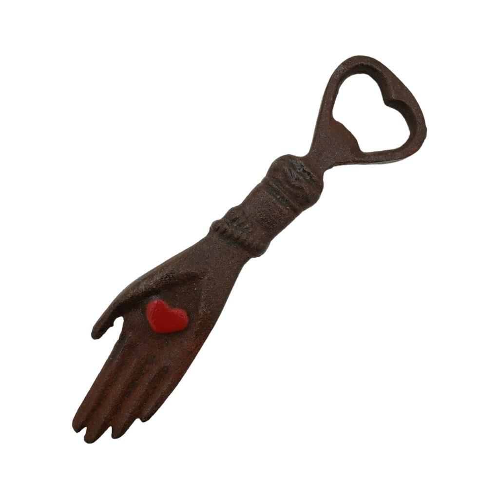 Cast Iron Hand W/Heart Bottle opener Bar Decor-Hand Forged Iron
