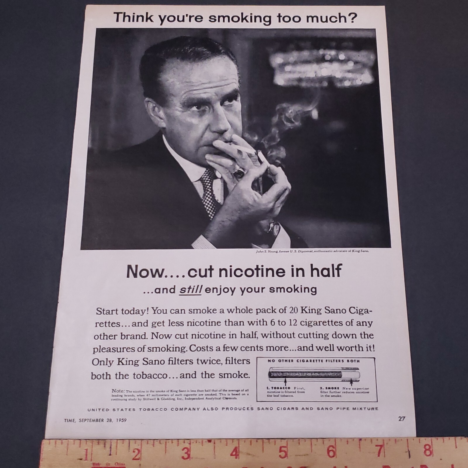 1959 King Sano Cigarettes “cut nicotine in half” Advertisement Vintage 1950s Ad