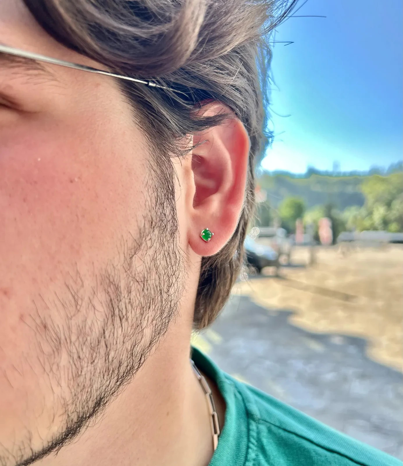 Men’s Green Emerald Cabochon Stone Stud Earrings For Men’s 10K Yellow Gold Over