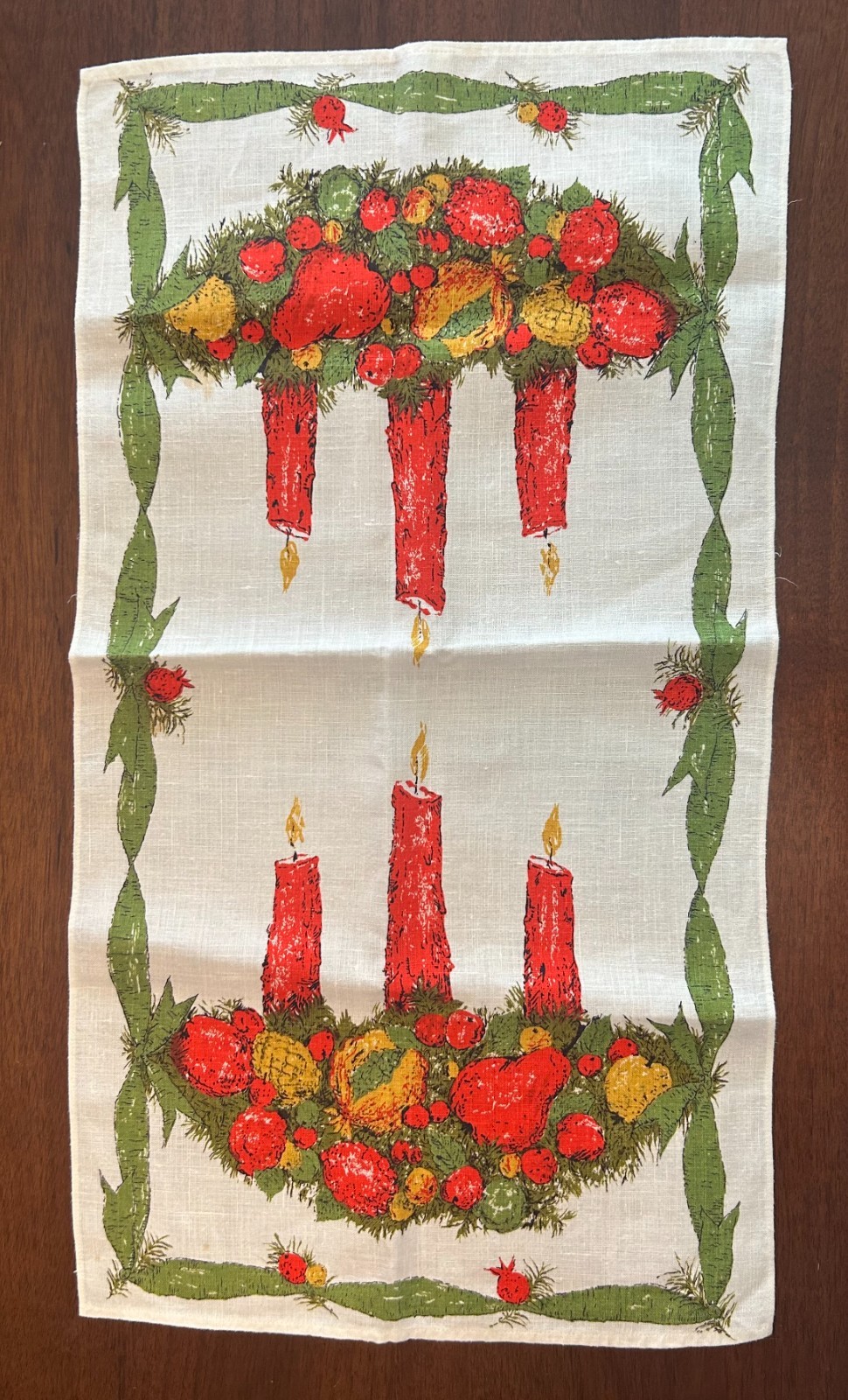 Vintage Fallani & Cohn Linen Christmas Primitive Tea Towel Candles Fruit 30 x 15