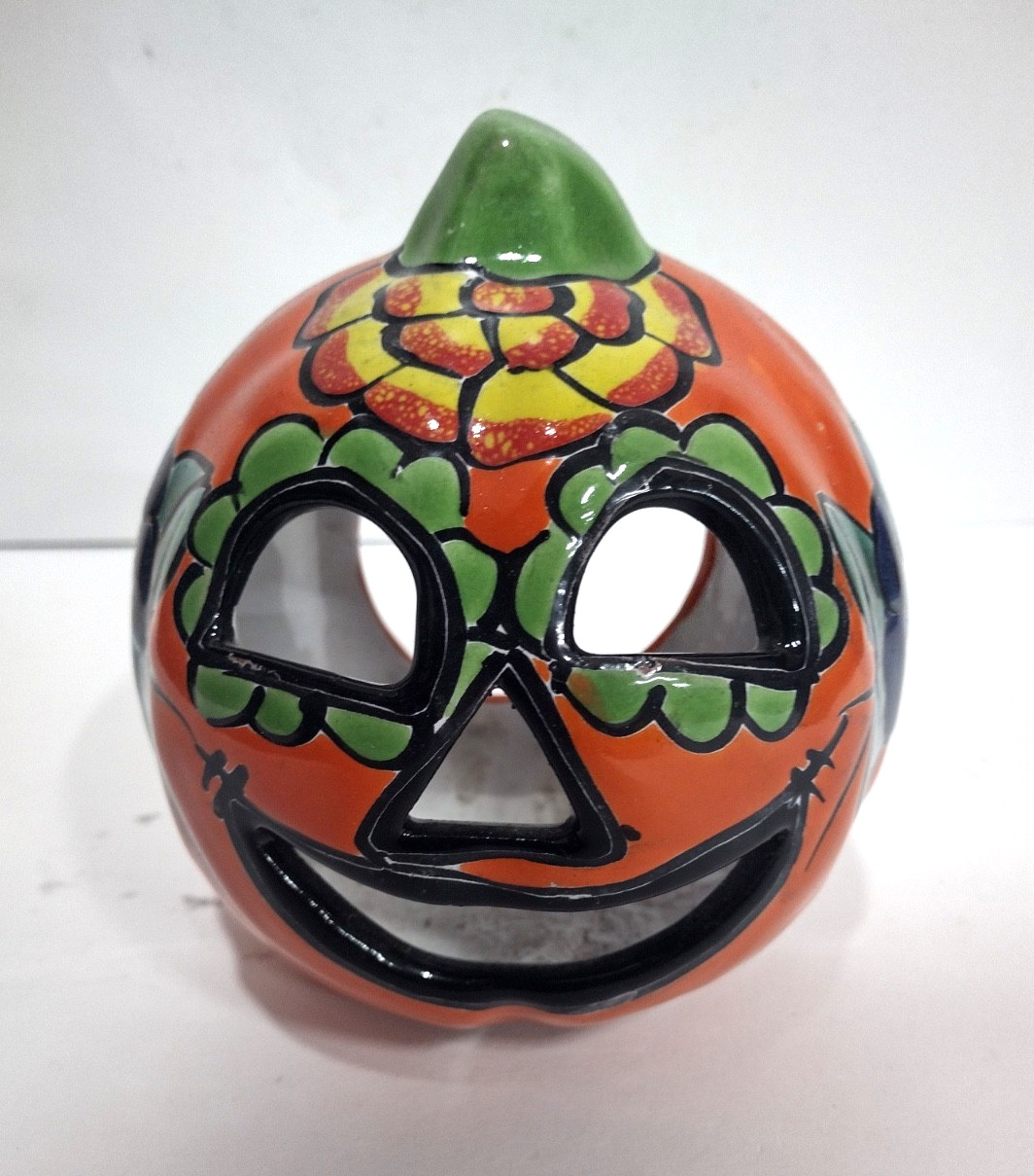 Talavera pumpkin pottery – Mexico – Jack O Lantern 5.5 inches wide -ships fast