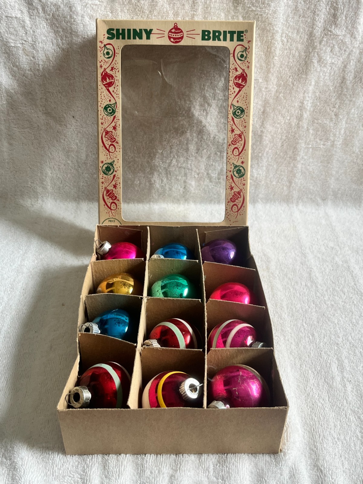 VTG BOX 12 SHINY BRITE MERCURY GLASS STRIPED & SOLID COLORED BALL TREE ORNAMENTS
