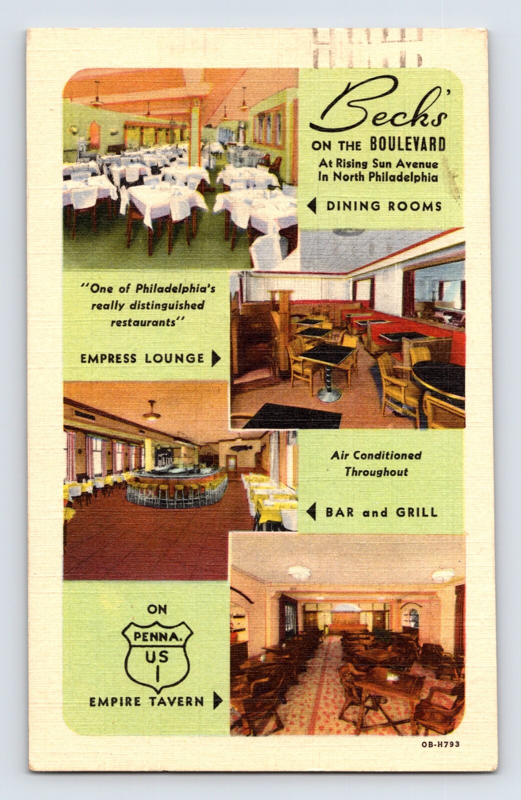 Postcard Pennsylvania Philadelphia PA Becks Boulevard Restaurant 1947 Posted