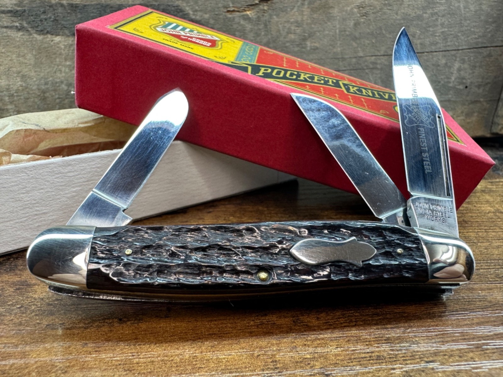 John Primble knife Dark Brown Bone Stockman 1987 India Steel Works