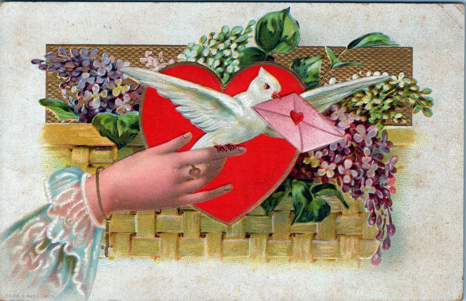 Embossed Divided Back Postcard Valentine Dove Heart Basket