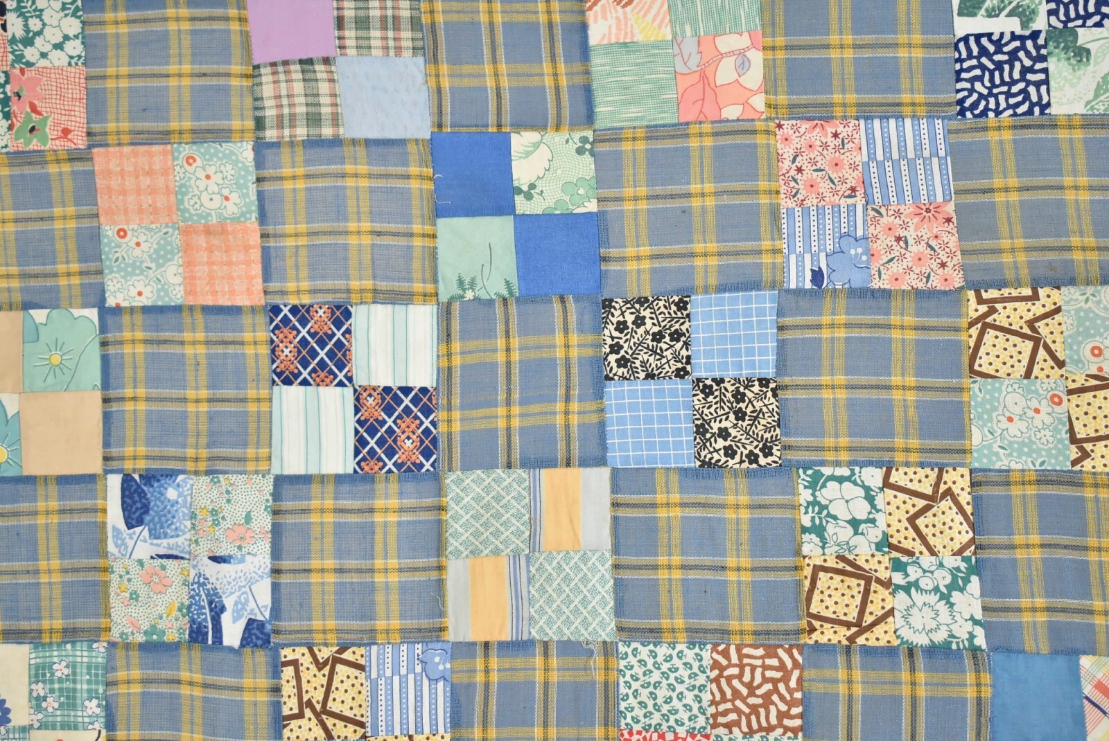 GORGEOUS Vintage 30’s Four Patch Postage Stamp Antique Quilt Top, Nice Blues!