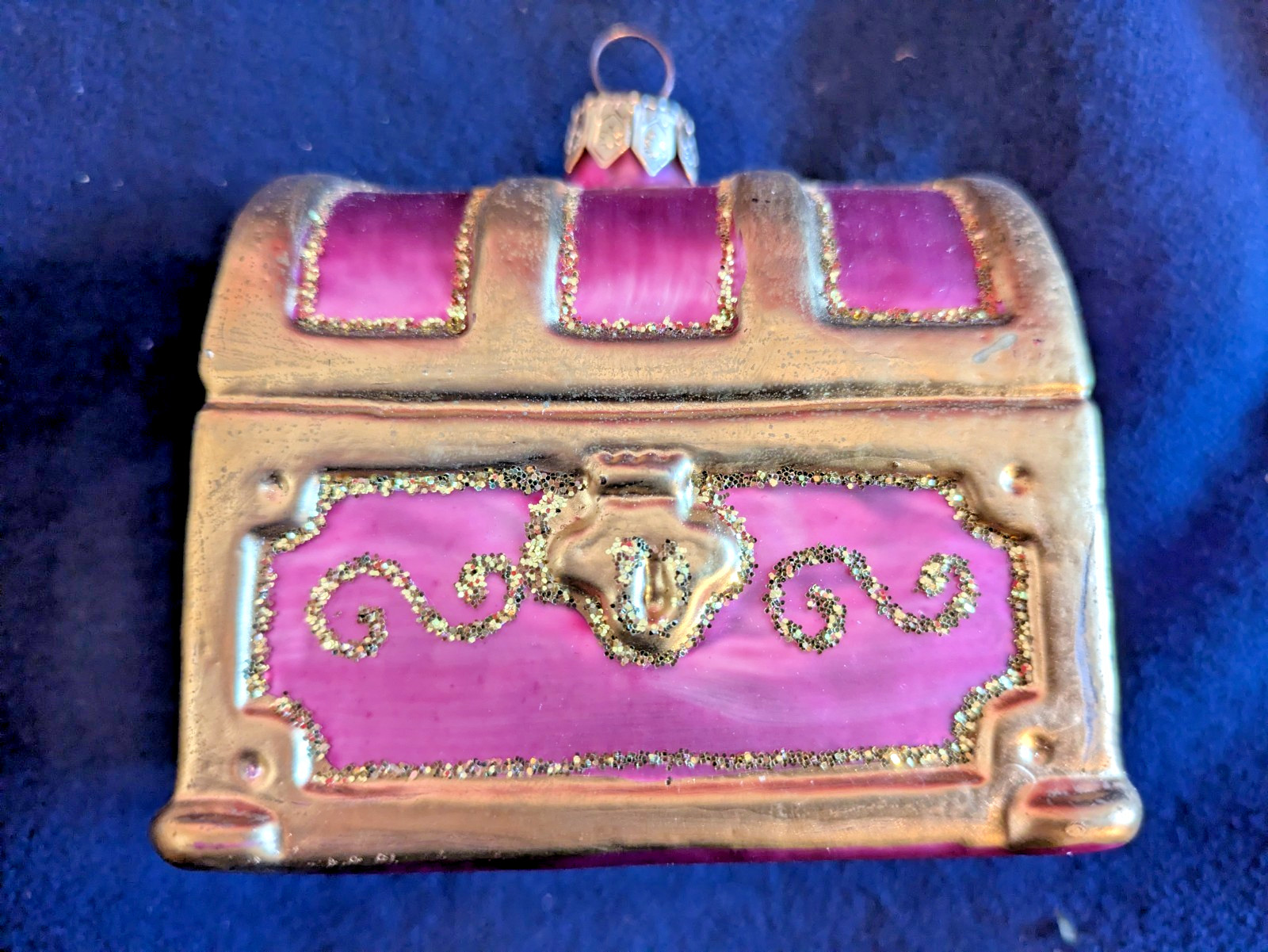 Vintage Glass Steamer Trunk Treasure Chest Ornament Made In Poland Pink Gold