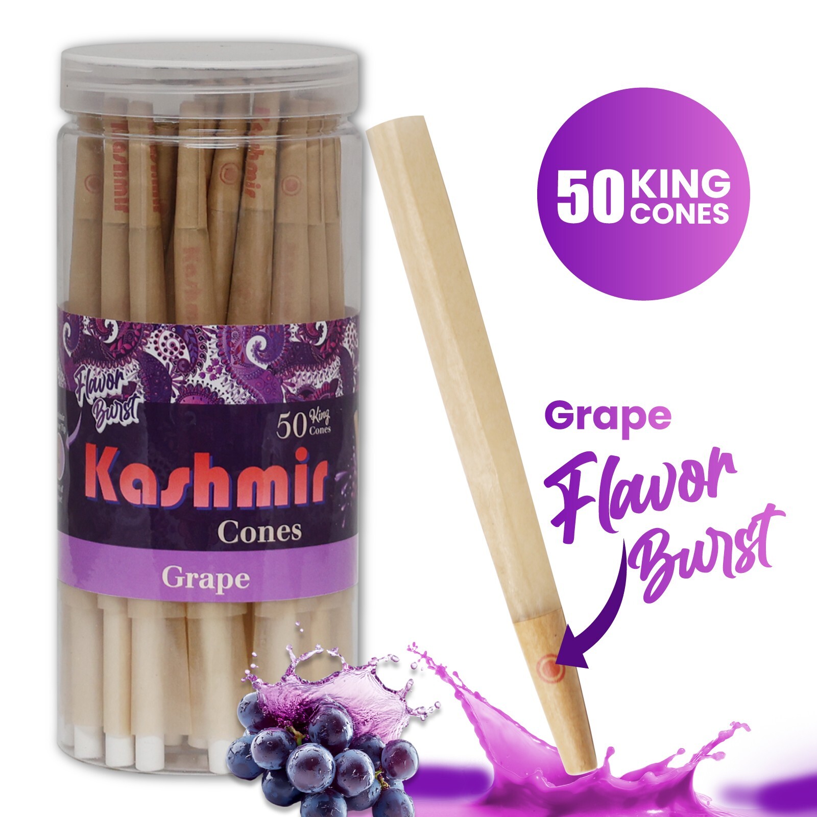 Pre Rolled Cones King Size Grape Flavored Rolled Paper Cone 50 Ct Jar by Kashmir