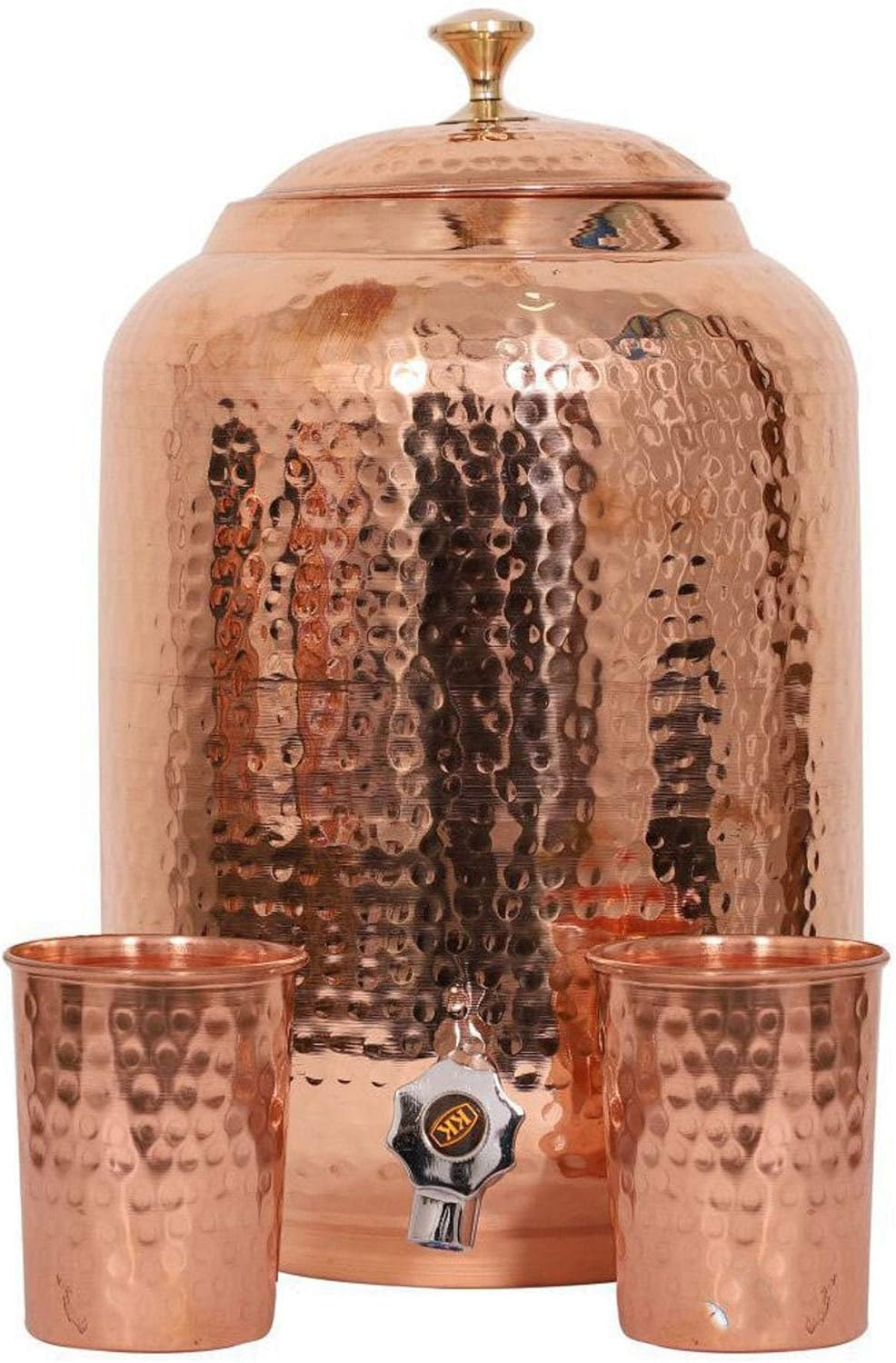 Indian Handmade Pure Copper Water Dispenser 4L Hammered Pot 2 Glasses Ayurvedic