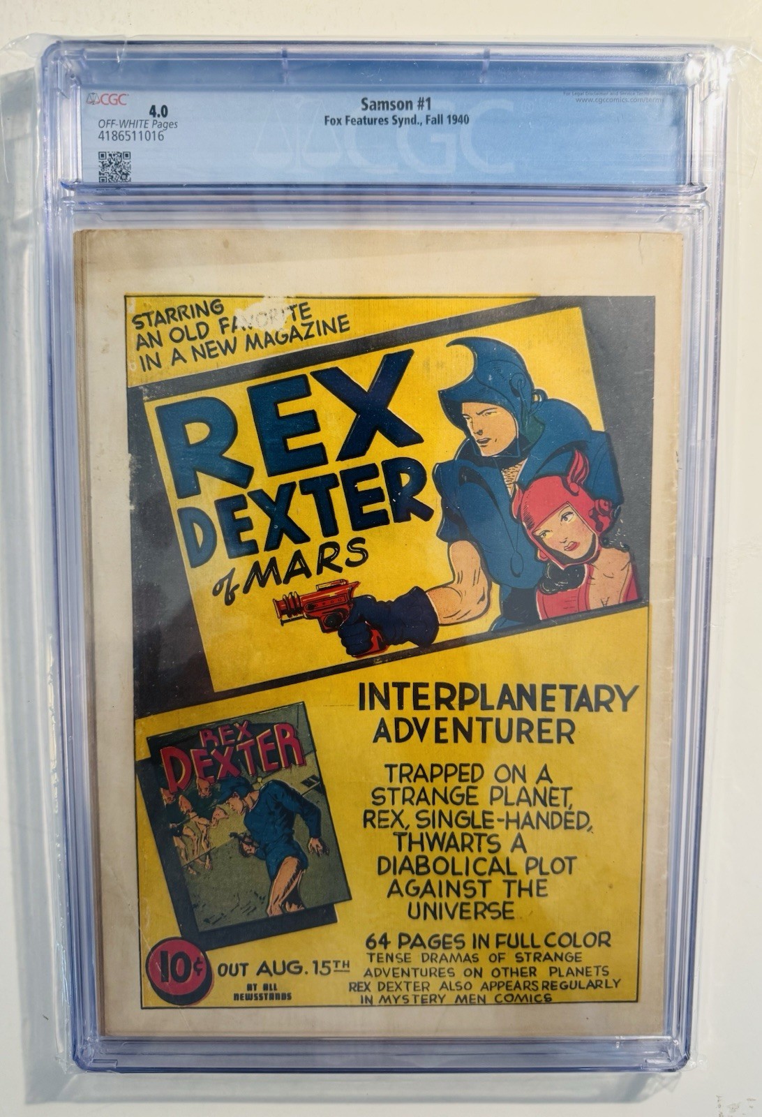 Samson #1 Fox Features Syndicate Fall 1940 CGC 4.0 VG Off-White Pages🤩🤩🤩