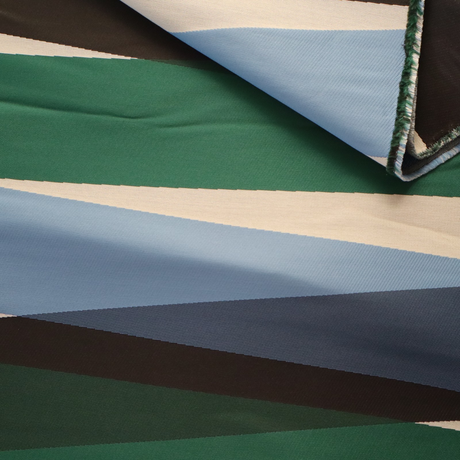 Vtg MCM Maharam Upholstery Fabric “Taper” Raft Green, Blue Angled Stripes 5.5 yd