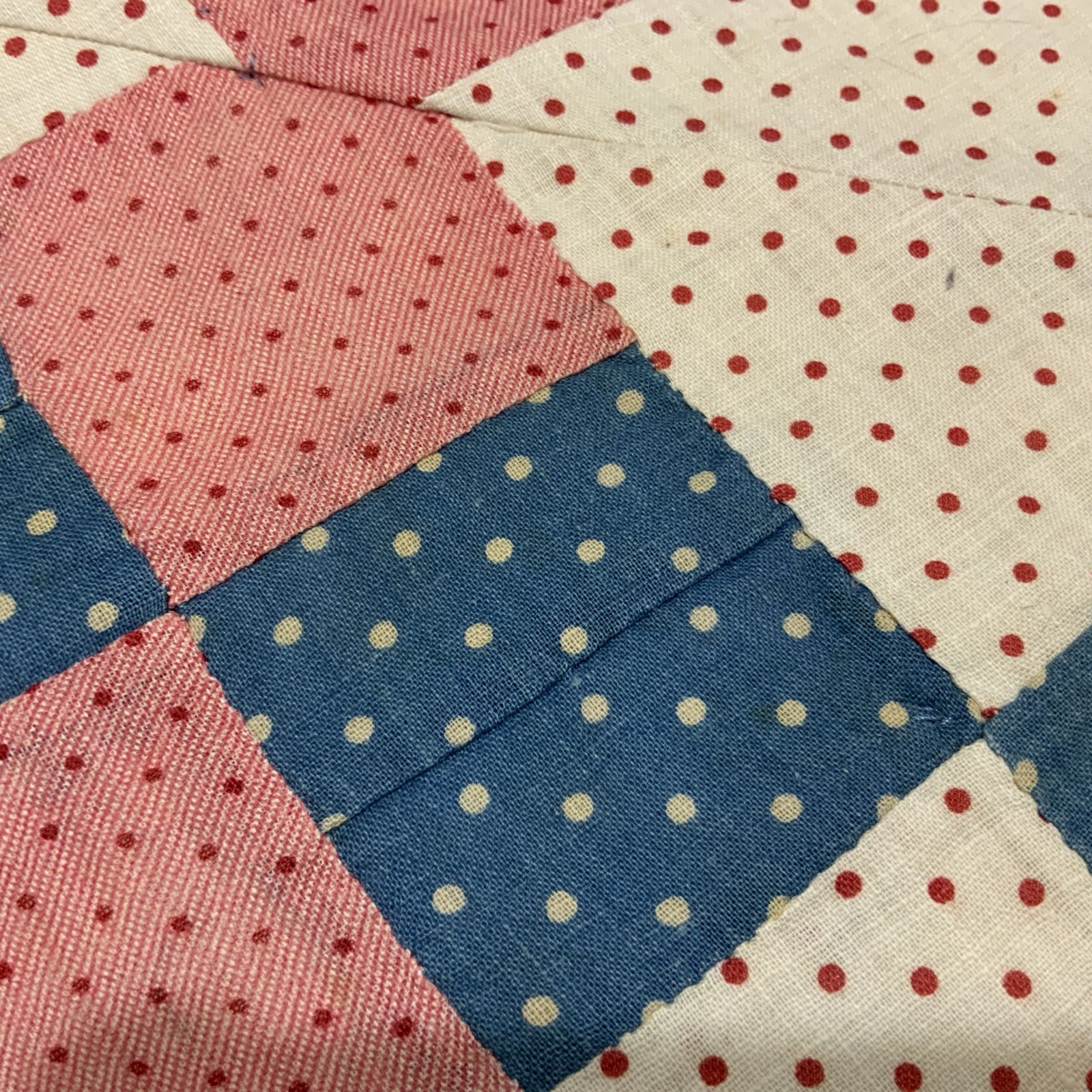 Vintage/Antique Patchwork Quilt Table Topper, Four Patch, Pink, Blue, Dots