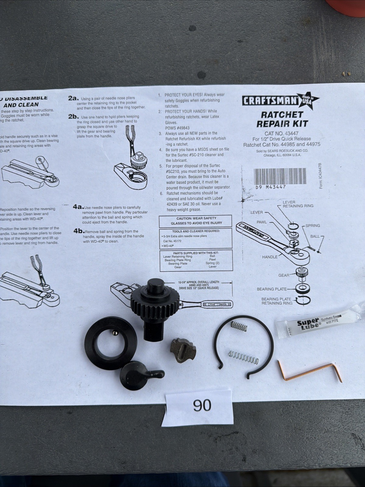 Craftsman 43447 repair Kit 1/2” Drive 44985 44975 Ratchet 32 Tooth No Lever Clip
