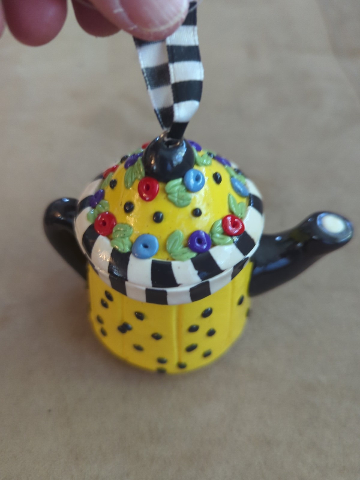 Mary Engelbreit Yellow W/Black Polka Dots Teapot Hanging Christmas Ornament